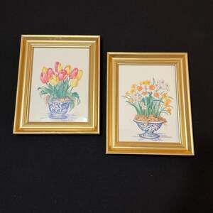 2 Barbara Mock Floral Prints in Gold Frames Tulips & Narcissus Blue on White
